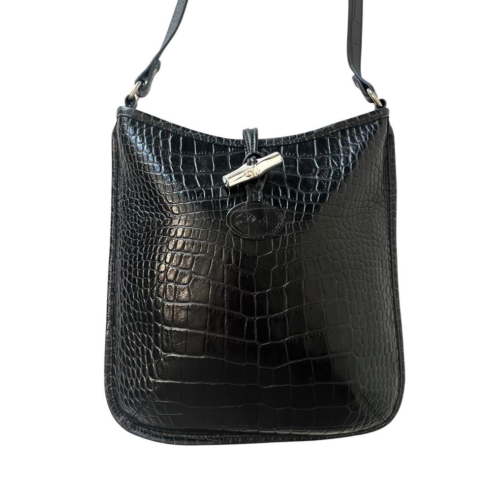 Longchamp Roseau Croc Embossed Leather Crossbody Bag Black Silver Vintage Y2K